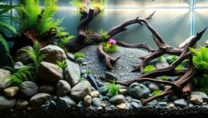 aquarium substrate and décor setup