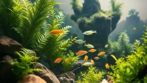 natural aquarium habitat with plants and decor