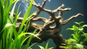 aquarium plants and driftwood decoration